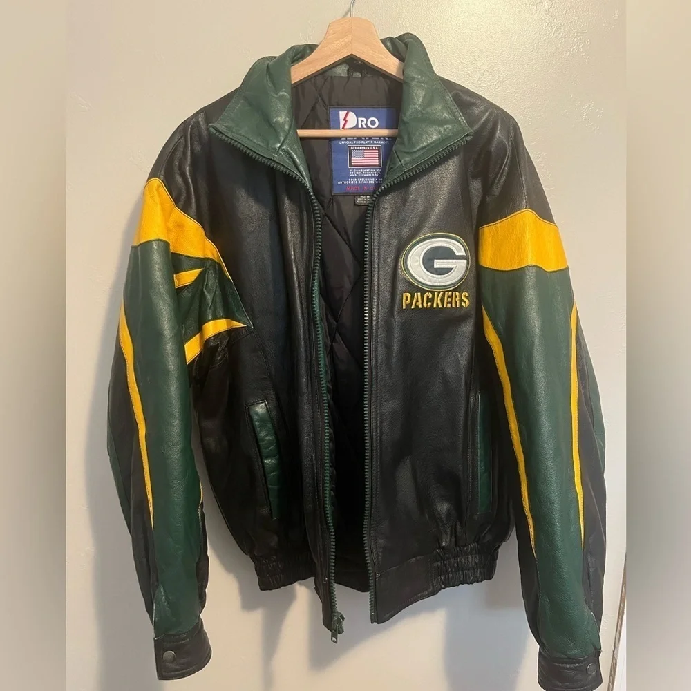 Vintage 90s Green Bay Packers Pro Player Leather Black Jacket Size Medium Rare